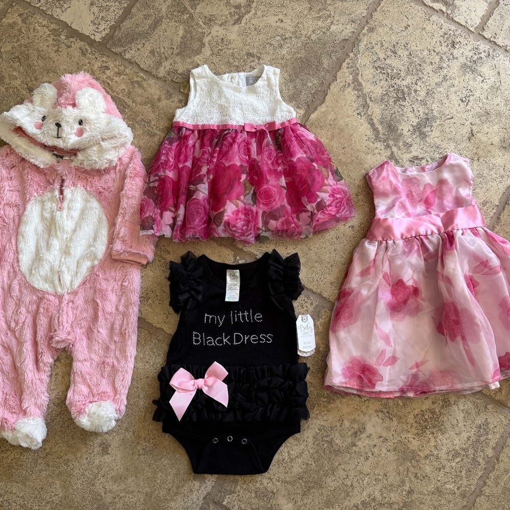 Bundle 3 Easter Spring Dresses, Bunny onesie The Children's Place, Baby Mack,